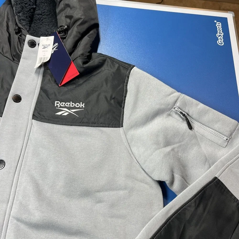 Reebok Mens Jacket L Fleece Quilted Hooded Zip Front Long Sleeve Black Gray $140